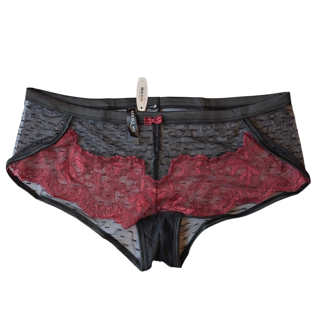 Adore Me Womens 1X Hipster Panties Black Red Floral‎ Lace Mesh Boudoir Curvy NWT